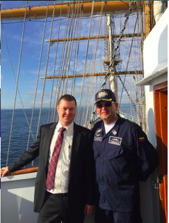 Captain Kennedy on board Columbian Naval traing barque Gloria with Captian Garcia